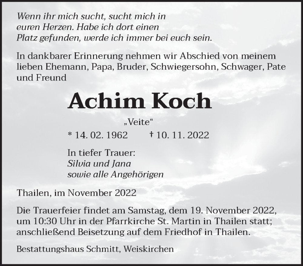  Traueranzeige für Achim Koch vom 15.11.2022 aus saarbruecker_zeitung