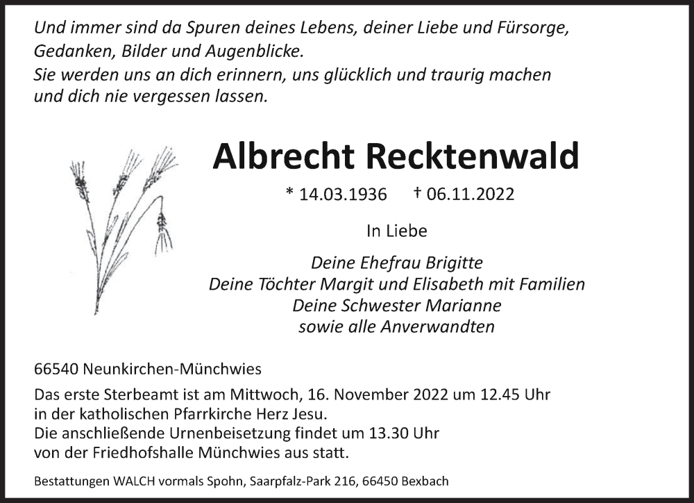  Traueranzeige für Albrecht Recktenwald vom 12.11.2022 aus saarbruecker_zeitung