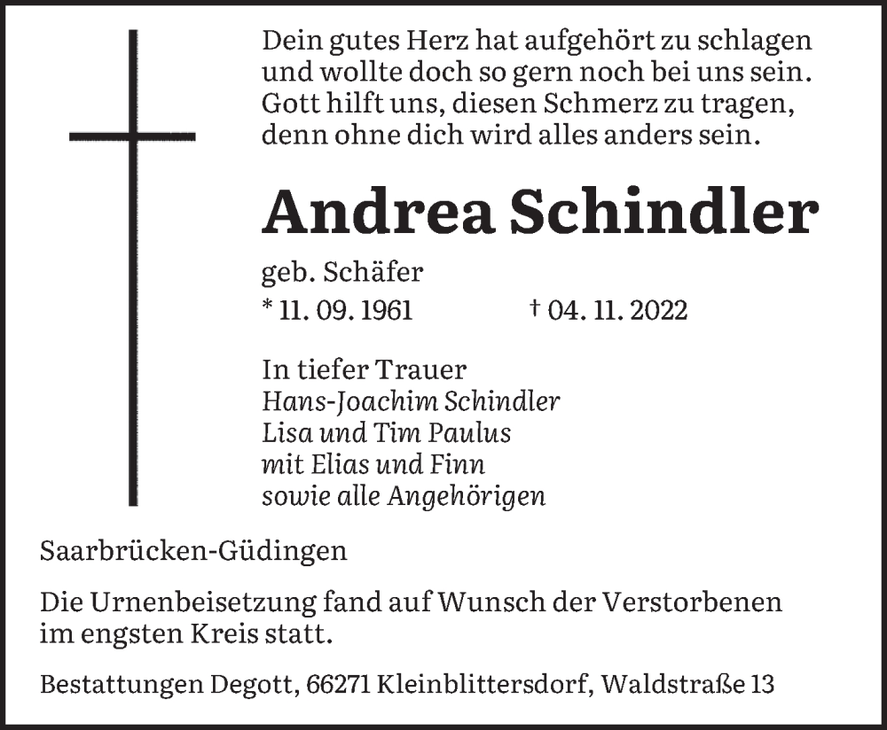  Traueranzeige für Andrea Schindler vom 19.11.2022 aus saarbruecker_zeitung