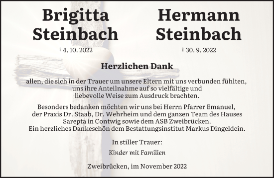 Traueranzeige von Brigitta und Hermann Steinbach von saarbruecker_zeitung