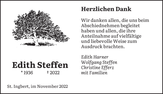 Traueranzeige von Edith Steffen von saarbruecker_zeitung