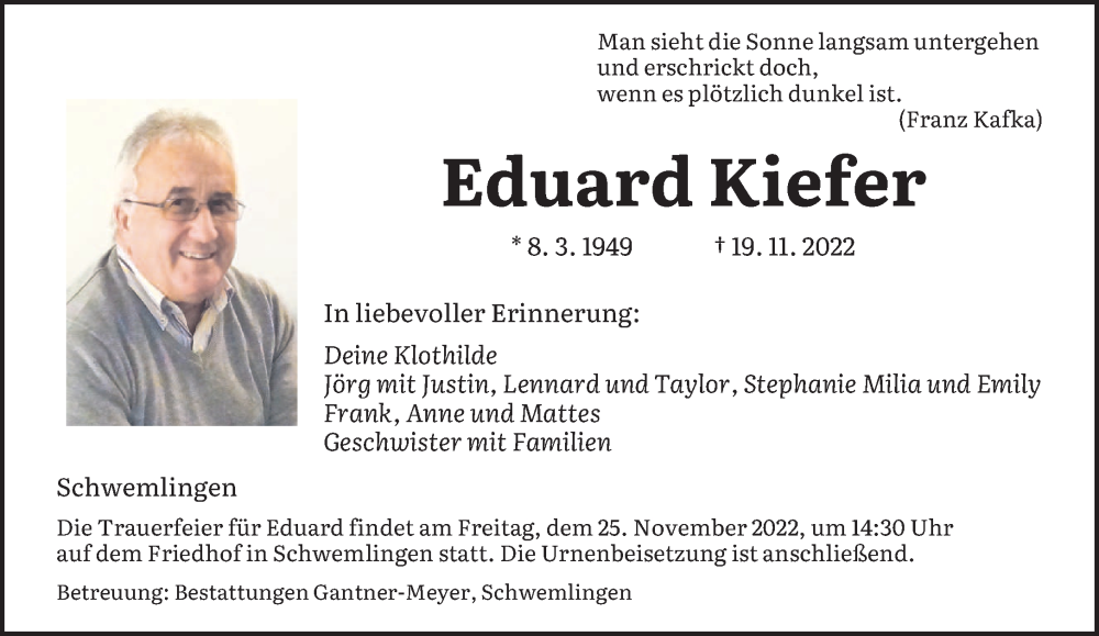  Traueranzeige für Eduard Kiefer vom 23.11.2022 aus saarbruecker_zeitung