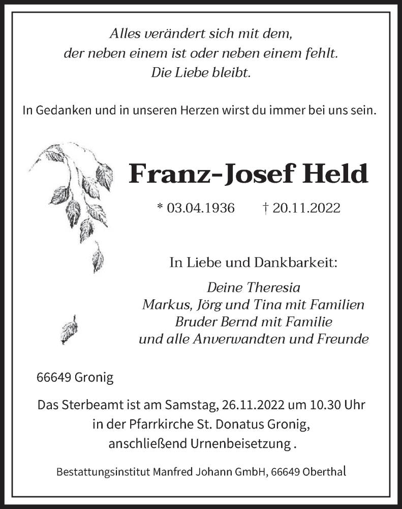  Traueranzeige für Franz-Josef Held vom 24.11.2022 aus saarbruecker_zeitung