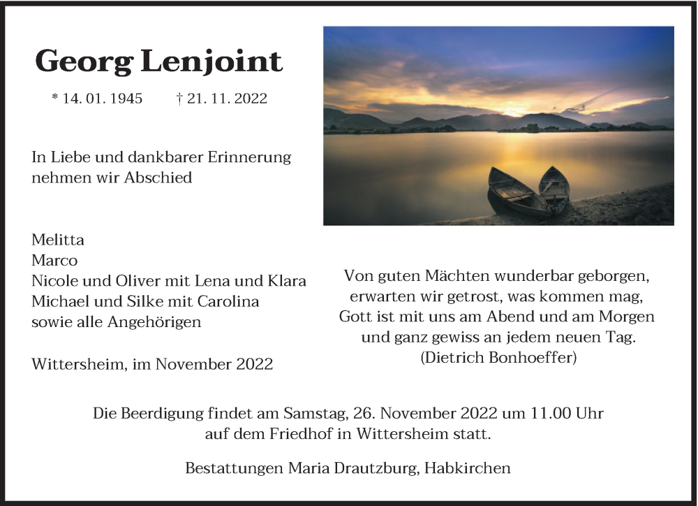  Traueranzeige für Georg Lenjoint vom 24.11.2022 aus saarbruecker_zeitung