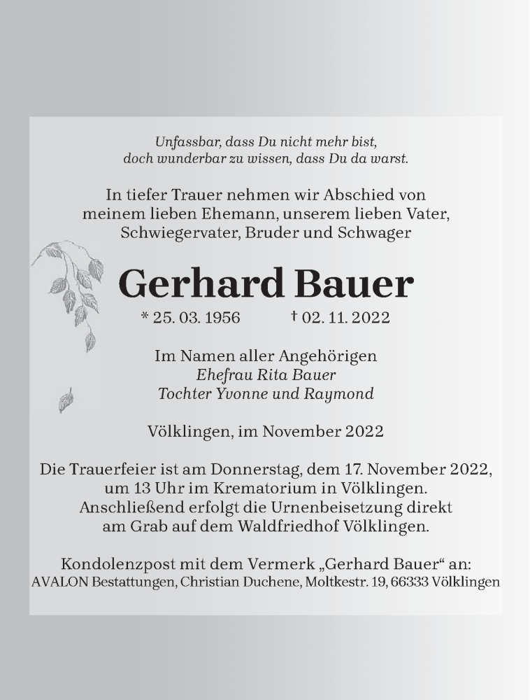  Traueranzeige für Gerhard Bauer vom 12.11.2022 aus saarbruecker_zeitung