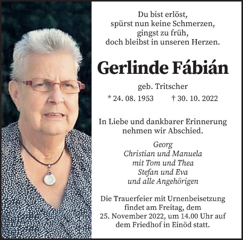  Traueranzeige für Gerlinde Fábián vom 19.11.2022 aus saarbruecker_zeitung