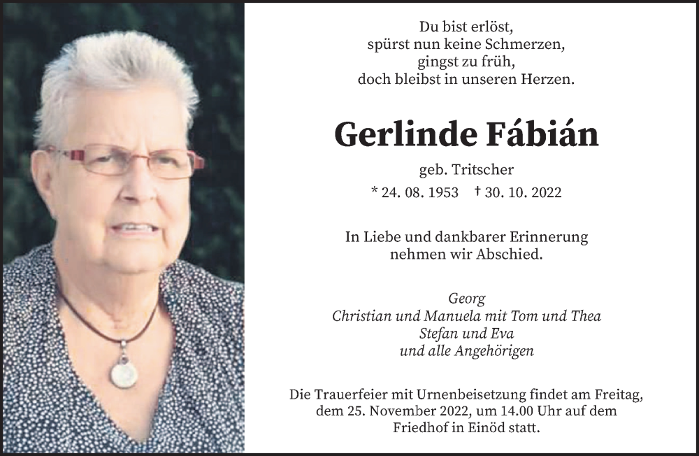  Traueranzeige für Gerlinde Fábián vom 19.11.2022 aus saarbruecker_zeitung