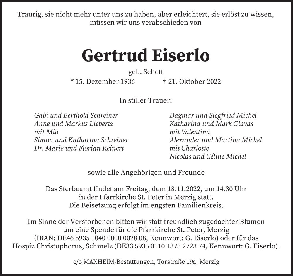  Traueranzeige für Gertrud Eiserlo vom 05.11.2022 aus saarbruecker_zeitung