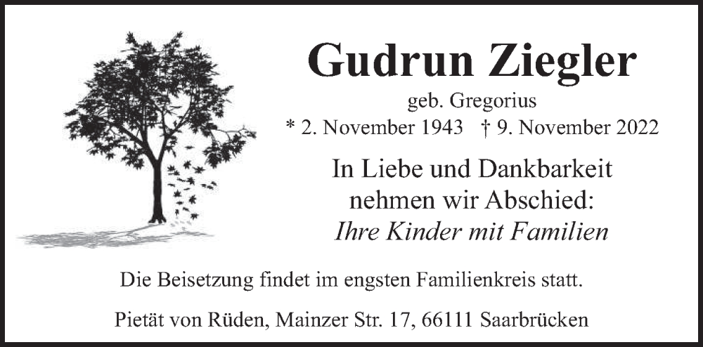  Traueranzeige für Gudrun Ziegler vom 12.11.2022 aus saarbruecker_zeitung