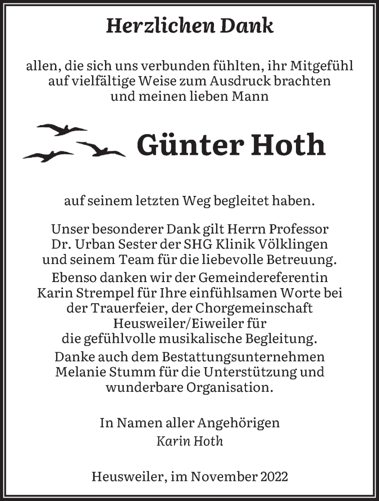  Traueranzeige für Günter Hoth vom 19.11.2022 aus saarbruecker_zeitung