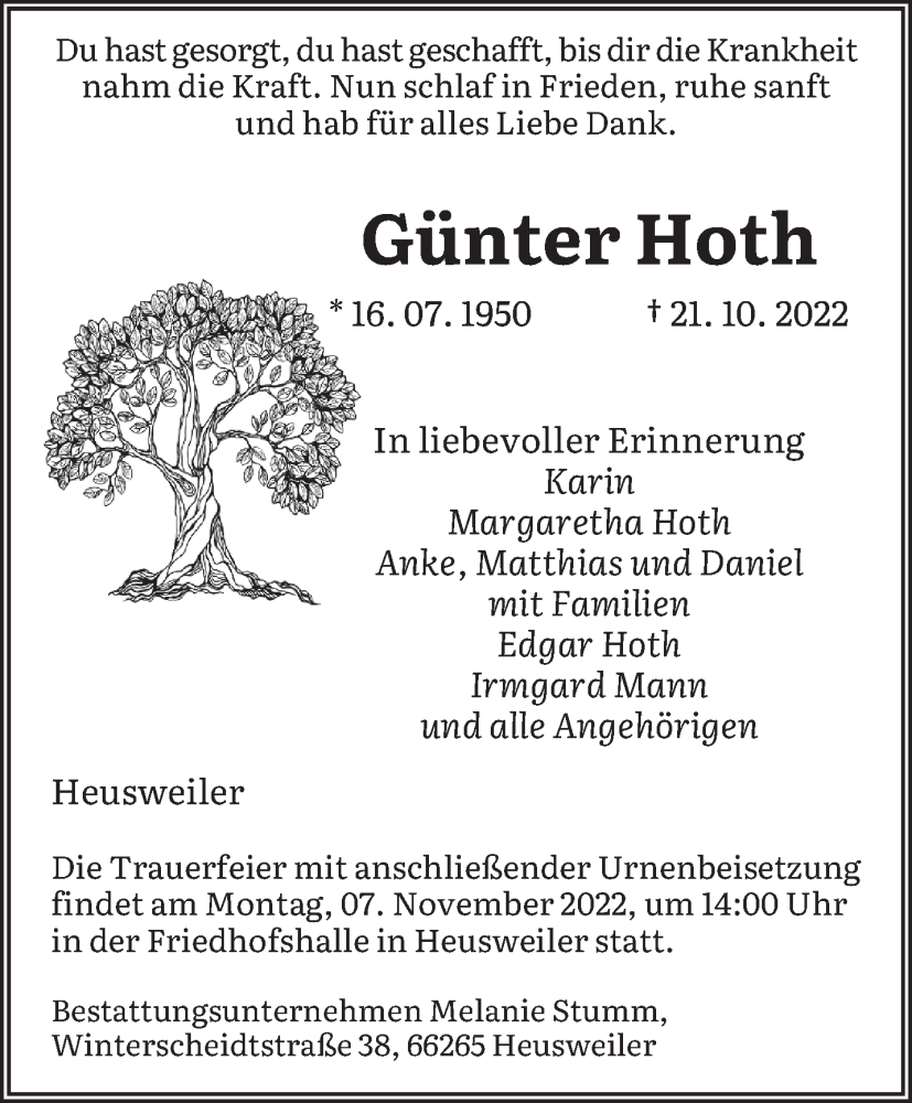  Traueranzeige für Günter Hoth vom 05.11.2022 aus saarbruecker_zeitung