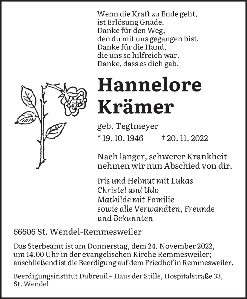  Traueranzeige für Hannelore Krämer vom 22.11.2022 aus saarbruecker_zeitung