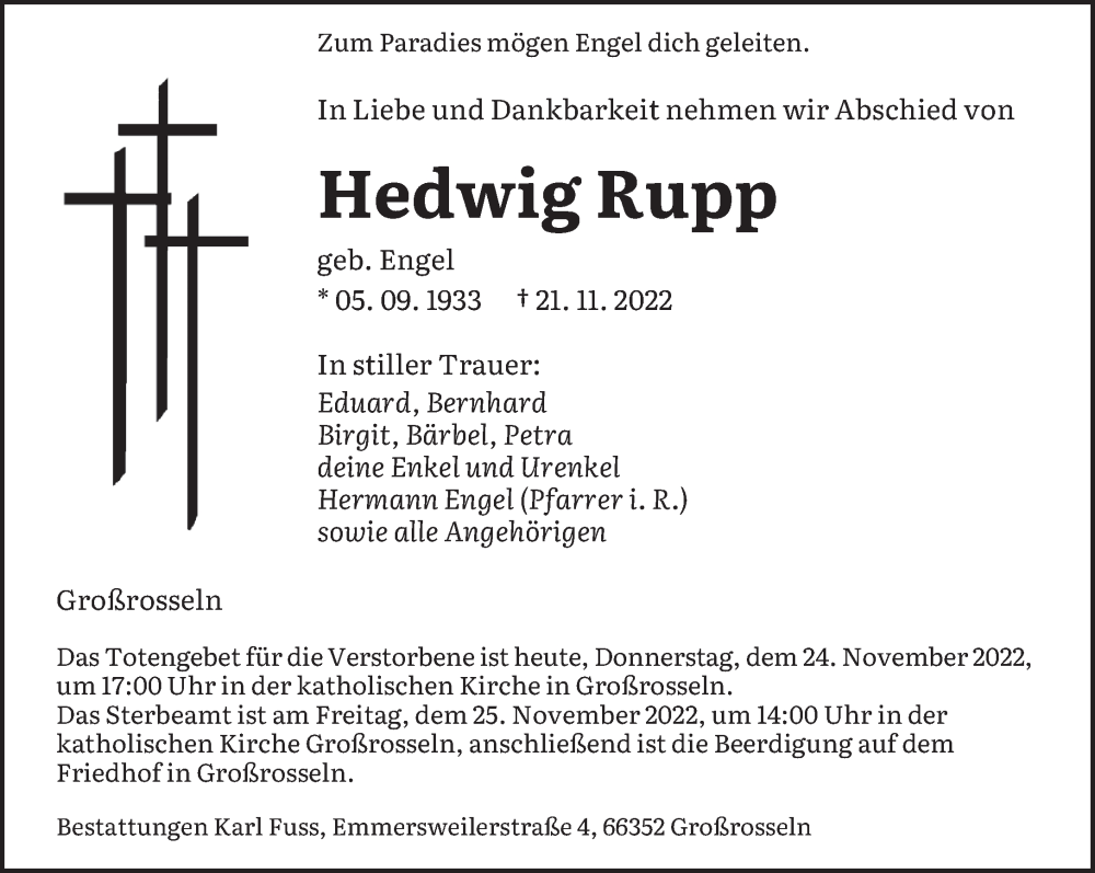  Traueranzeige für Hedwig Rupp vom 24.11.2022 aus saarbruecker_zeitung