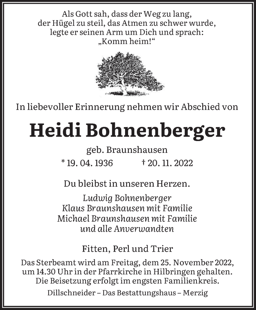  Traueranzeige für Heidi Bohnenberger vom 23.11.2022 aus saarbruecker_zeitung