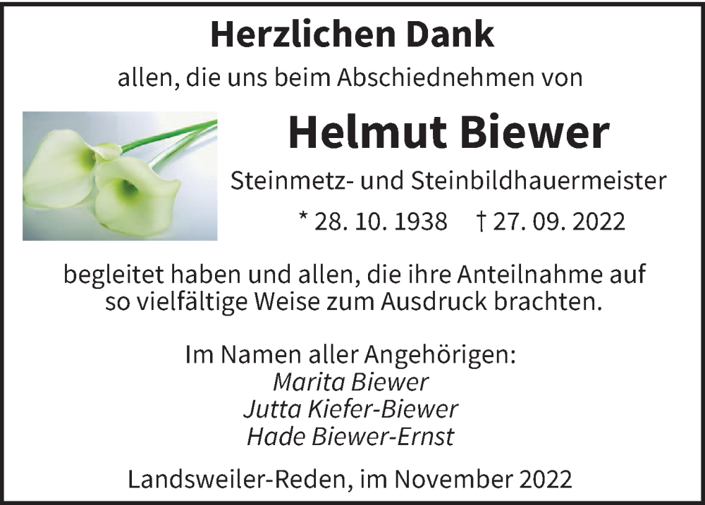  Traueranzeige für Helmut Biewer vom 12.11.2022 aus saarbruecker_zeitung