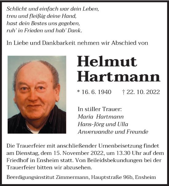 Traueranzeige von Helmut Hartmann von saarbruecker_zeitung