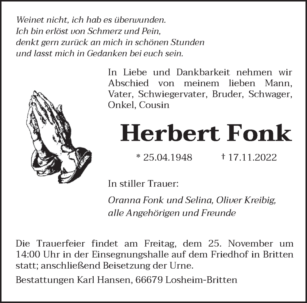  Traueranzeige für Herbert Fonk vom 21.11.2022 aus saarbruecker_zeitung