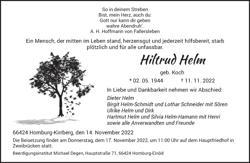  Traueranzeige für Hiltrud Helm vom 15.11.2022 aus saarbruecker_zeitung