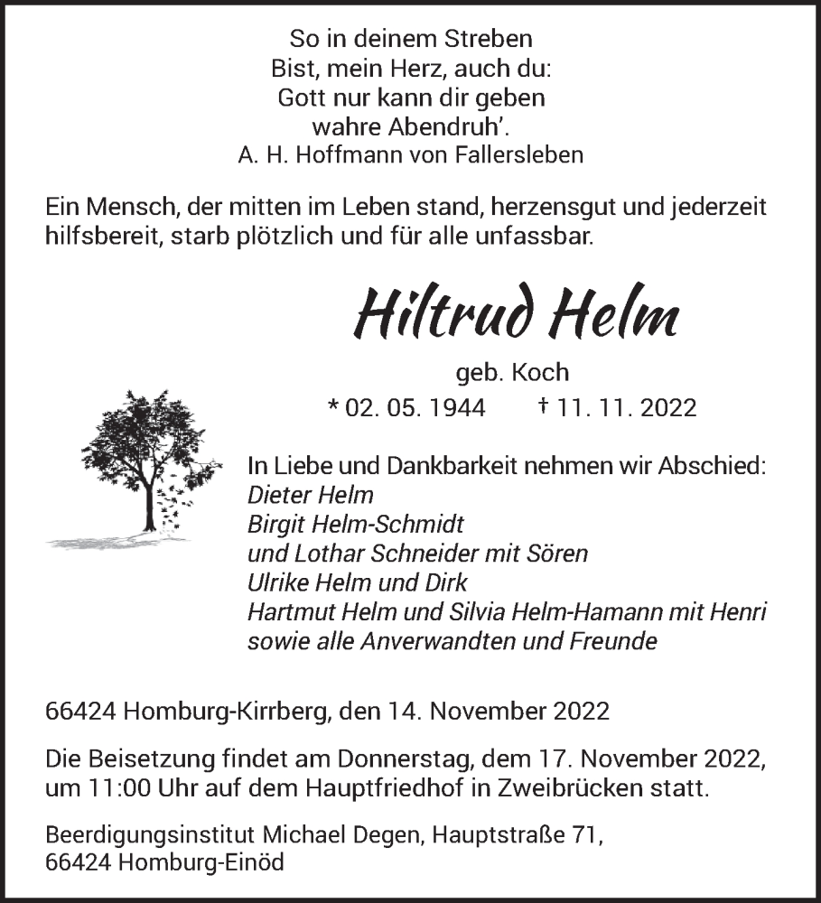  Traueranzeige für Hiltrud Helm vom 15.11.2022 aus saarbruecker_zeitung