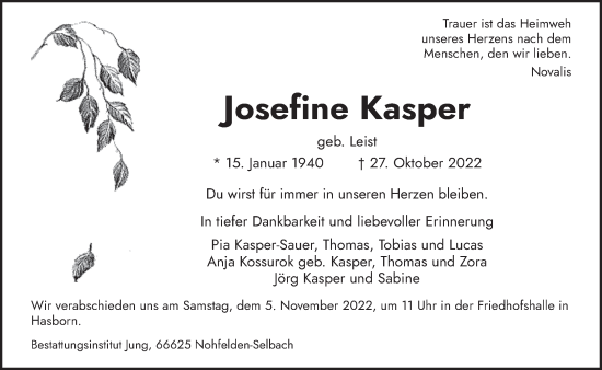 Traueranzeige von Josefine Kasper von saarbruecker_zeitung