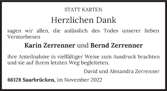 Traueranzeige von Karin und Bernd Zerrenner von saarbruecker_zeitung