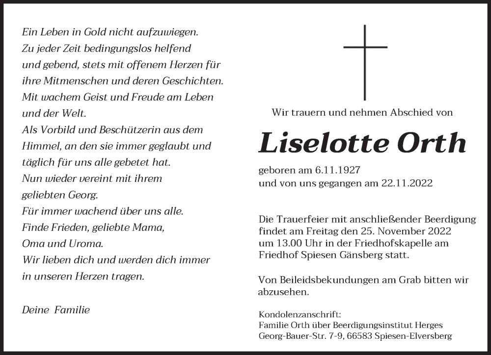  Traueranzeige für Liselotte Orth vom 24.11.2022 aus saarbruecker_zeitung