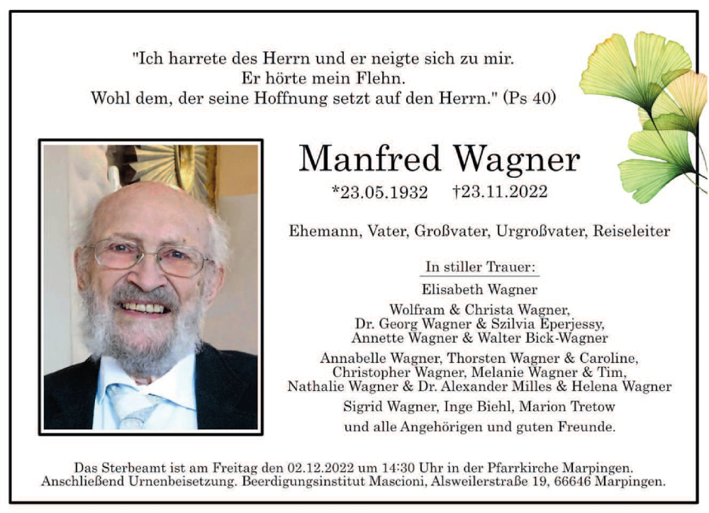  Traueranzeige für Manfred Wagner vom 26.11.2022 aus saarbruecker_zeitung