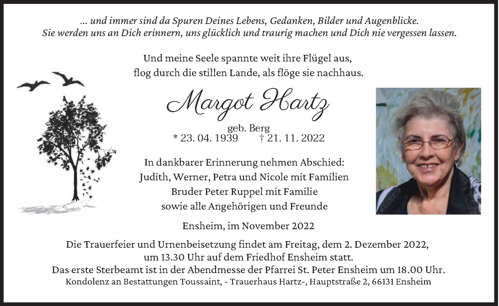  Traueranzeige für Margot Hartz vom 26.11.2022 aus saarbruecker_zeitung