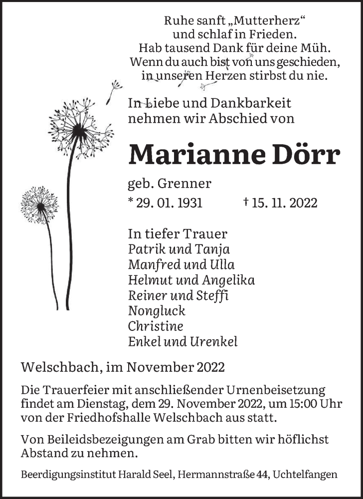 Traueranzeige für Marianne Dörr vom 24.11.2022 aus saarbruecker_zeitung