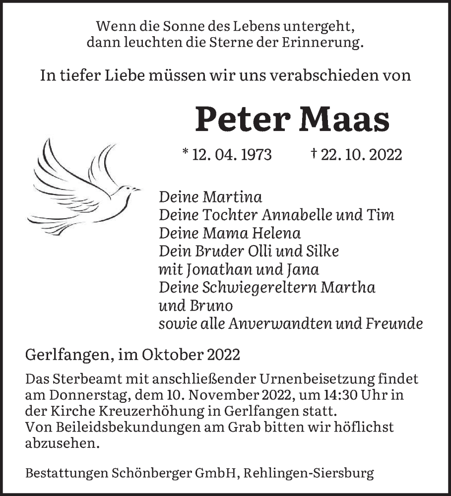  Traueranzeige für Peter Maas vom 05.11.2022 aus saarbruecker_zeitung
