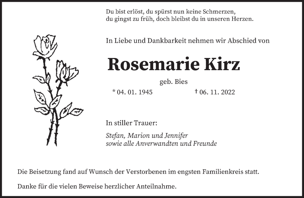  Traueranzeige für Rosemarie Kirz vom 24.11.2022 aus saarbruecker_zeitung