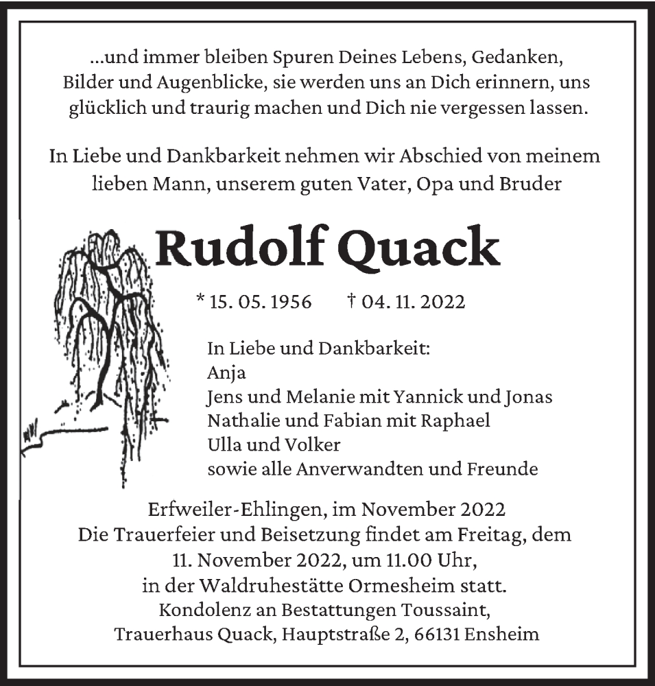  Traueranzeige für Rudolf Quack vom 09.11.2022 aus saarbruecker_zeitung