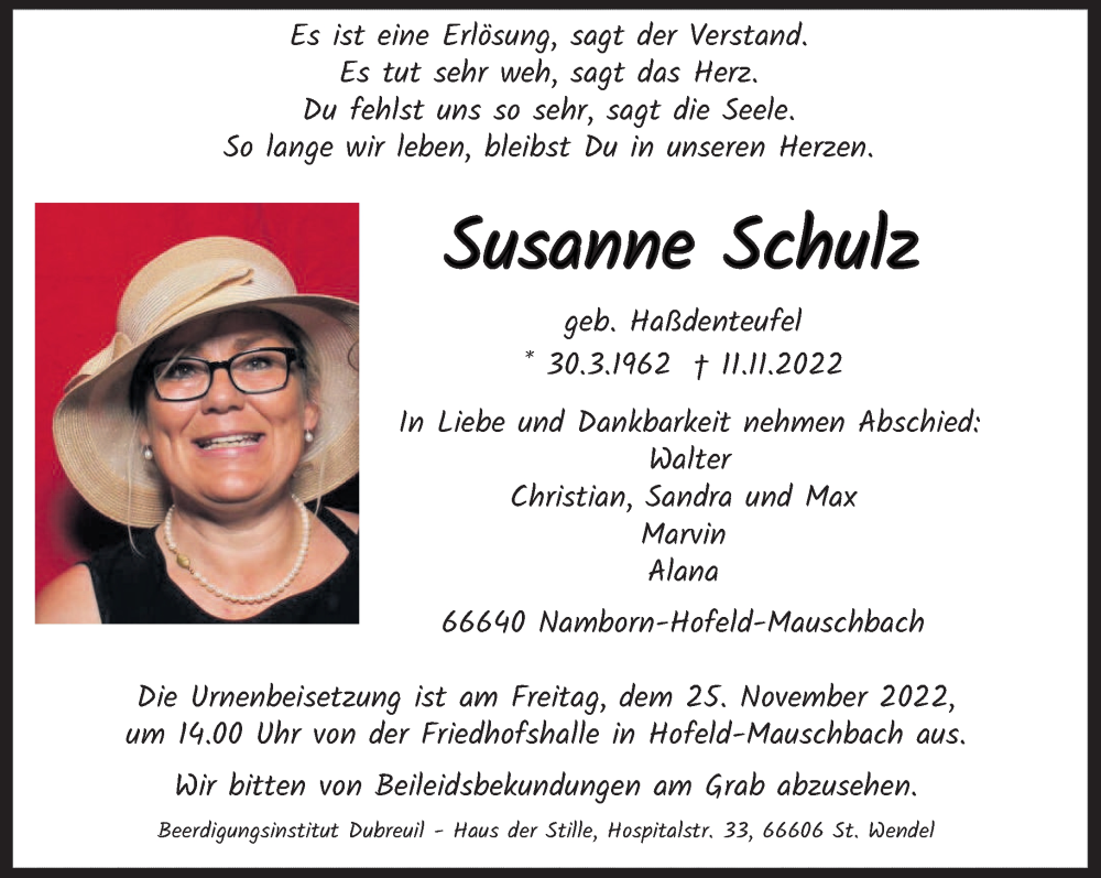  Traueranzeige für Susanne Schulz vom 19.11.2022 aus saarbruecker_zeitung