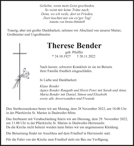 Traueranzeige von Therese Bender von saarbruecker_zeitung