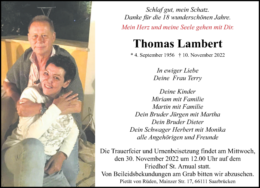  Traueranzeige für Thomas Lambert vom 19.11.2022 aus saarbruecker_zeitung