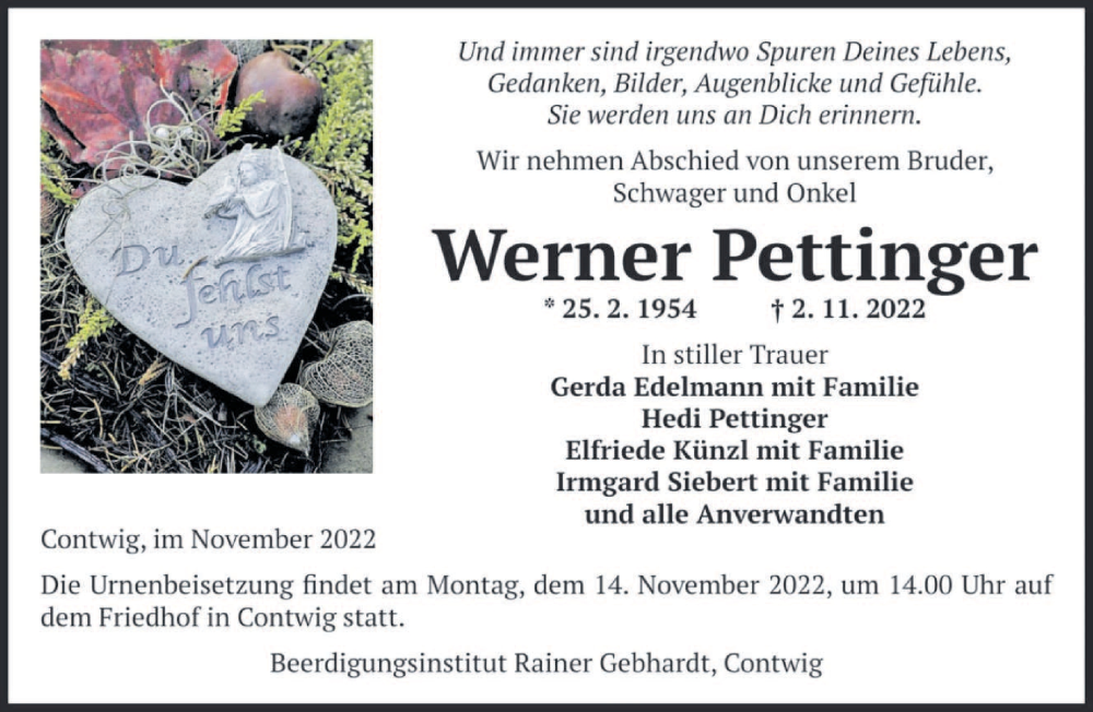  Traueranzeige für Werner Pettinger vom 11.11.2022 aus saarbruecker_zeitung