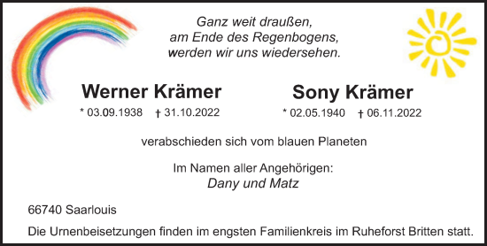 Traueranzeige von Werner und Sony Krämer von saarbruecker_zeitung