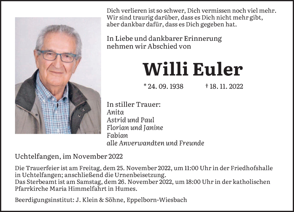  Traueranzeige für Willi Euler vom 23.11.2022 aus saarbruecker_zeitung