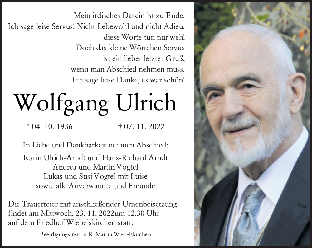  Traueranzeige für Wolfgang Ulrich vom 19.11.2022 aus saarbruecker_zeitung
