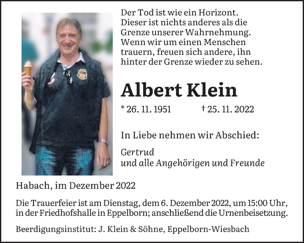  Traueranzeige für Albert Klein vom 03.12.2022 aus saarbruecker_zeitung