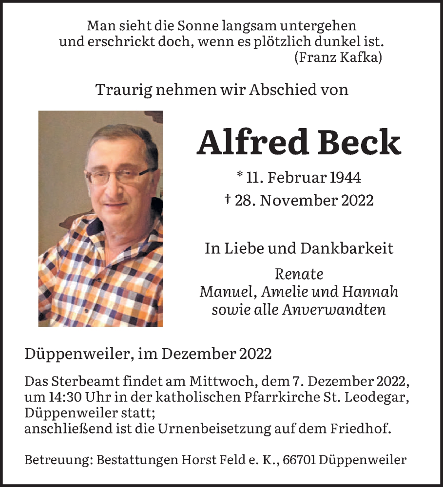  Traueranzeige für Alfred Beck vom 03.12.2022 aus saarbruecker_zeitung