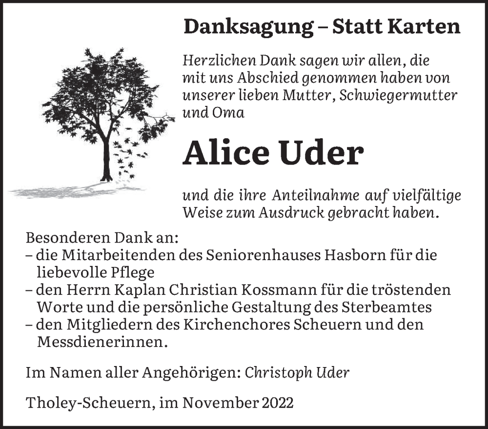  Traueranzeige für Alice Uder vom 03.12.2022 aus saarbruecker_zeitung