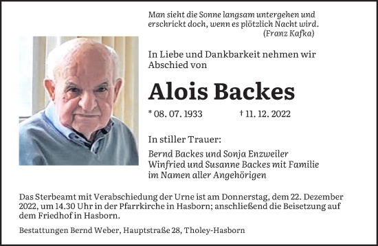 Traueranzeige von Alois Backes von saarbruecker_zeitung