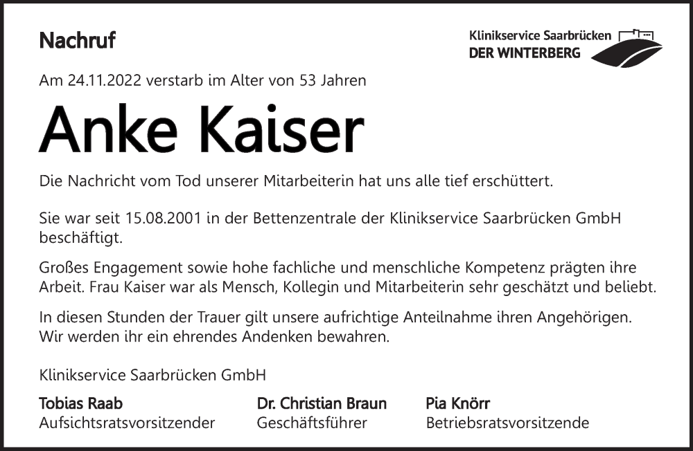  Traueranzeige für Anke Kaiser vom 03.12.2022 aus saarbruecker_zeitung