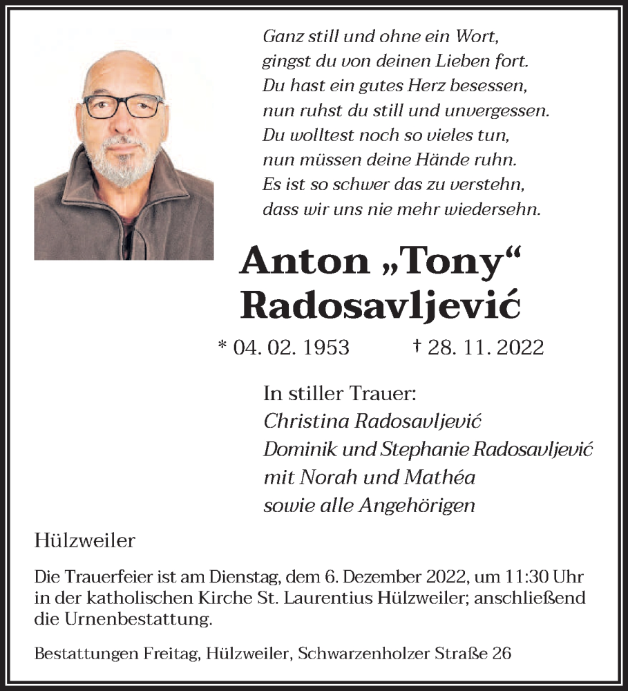  Traueranzeige für Anton Radosavljevic vom 03.12.2022 aus saarbruecker_zeitung