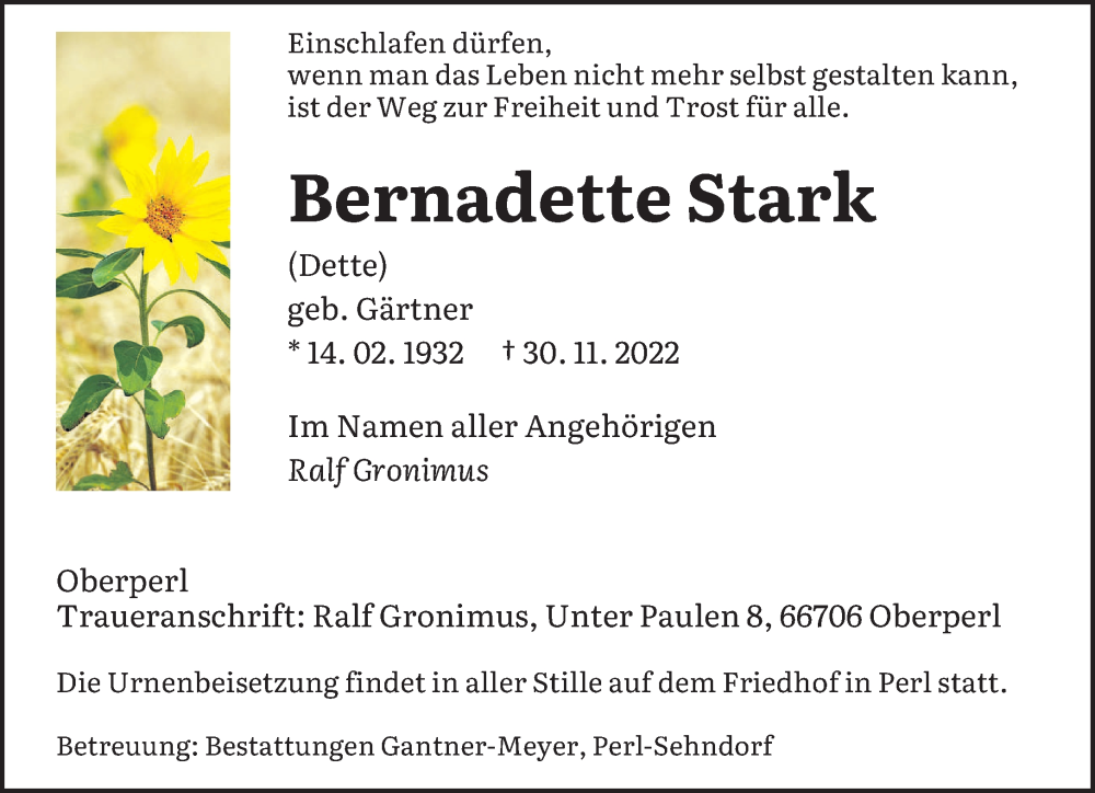  Traueranzeige für Bernadette Stark vom 03.12.2022 aus saarbruecker_zeitung