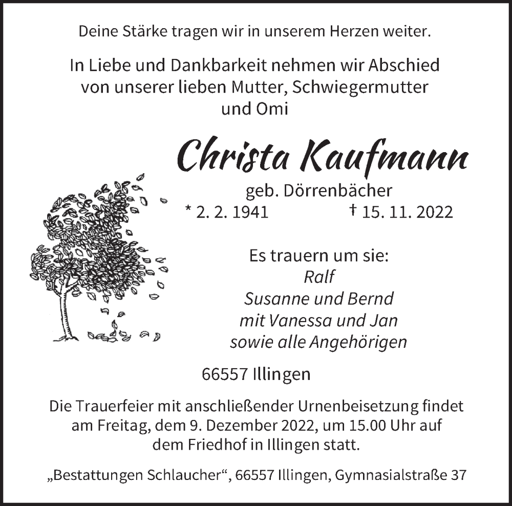  Traueranzeige für Christa Kaufmann vom 03.12.2022 aus saarbruecker_zeitung