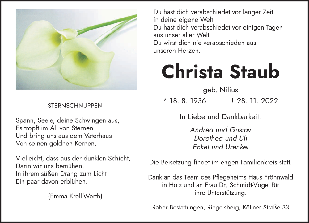  Traueranzeige für Christa Staub vom 03.12.2022 aus saarbruecker_zeitung