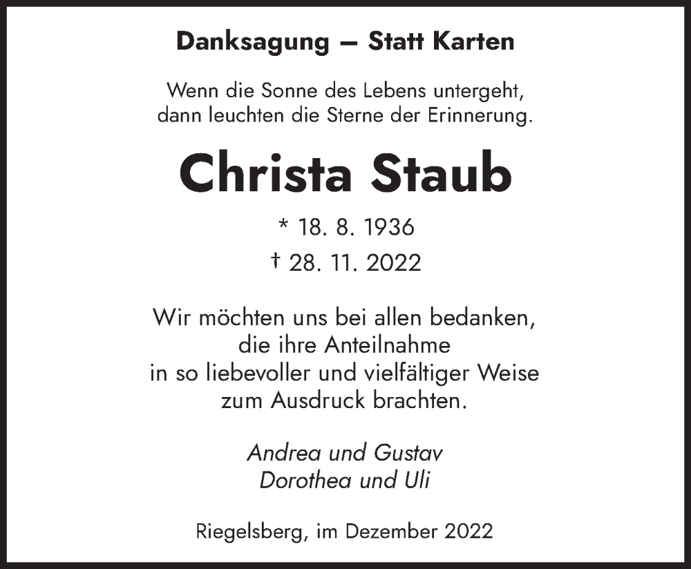  Traueranzeige für Christa Staub vom 17.12.2022 aus saarbruecker_zeitung