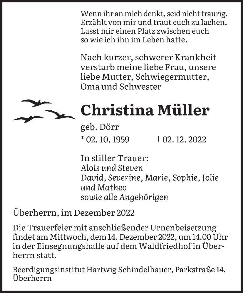  Traueranzeige für Christina Müller vom 10.12.2022 aus saarbruecker_zeitung